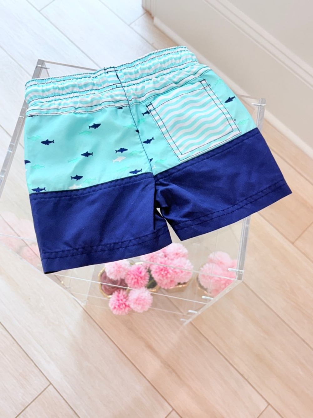 Cat & Jack Light Blue and Navy Shark Swim Trunks